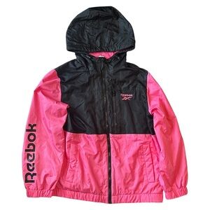 Reebok Fleece-Lined Hooded Zip-Up Windbreaker Jacket Hot Pink/Black Womens Large